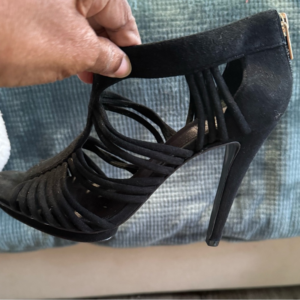 Women Tory Burch Black Suede Leather Peep Toe Stiletto Heel Shoes Sz 9.5 - Picture 6 of 8